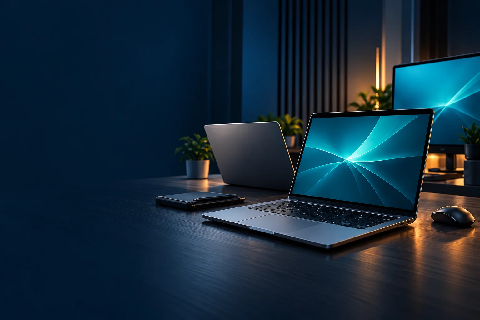 laptop bisnis dan monitor dalam ruang kerja